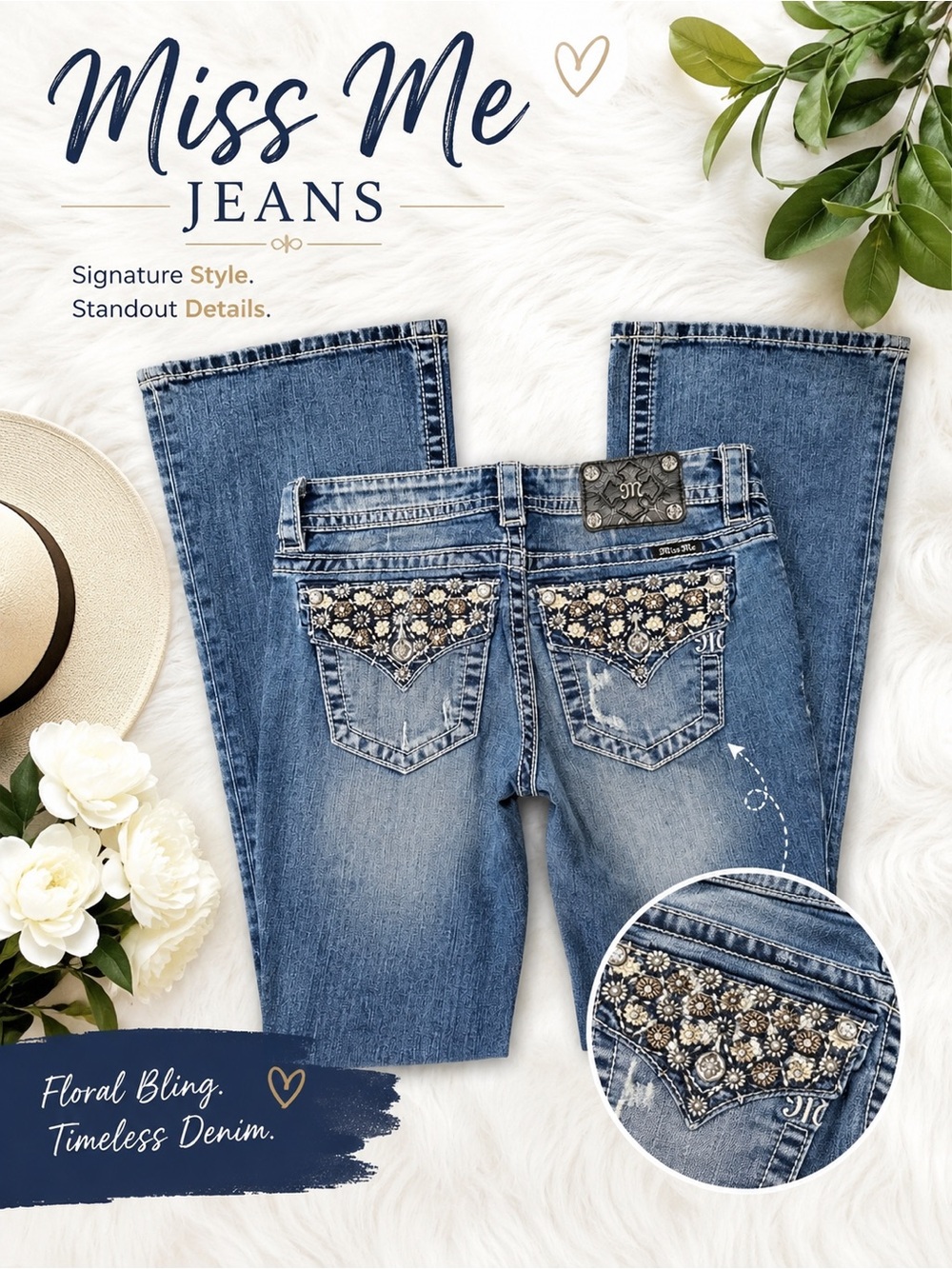 Miss Me Mid-Rise Bootcut Jeans Floral Embellished Pockets Size 27 Y2K